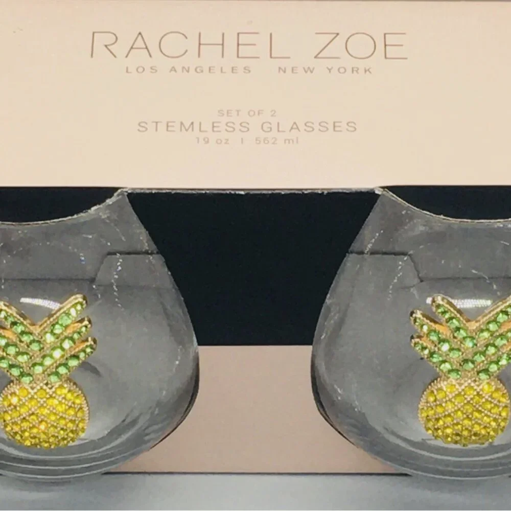 x2 Rachel Zoe Rhinestone Pineapple Stemless Wine Glass Set Bling Tropical 19oz